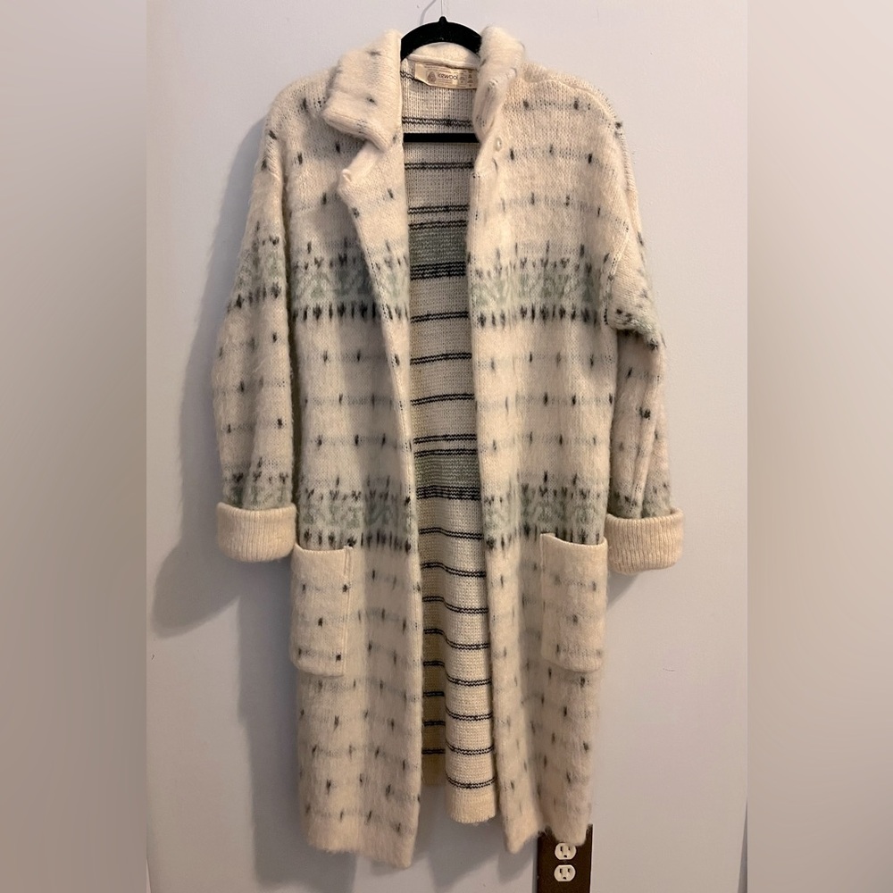 ALAFOSS ICEWOOL Ivory & Brown Virgin Wool Full-Zip Belted Sweater Coat-  Sz S - Picture 9 of 14
